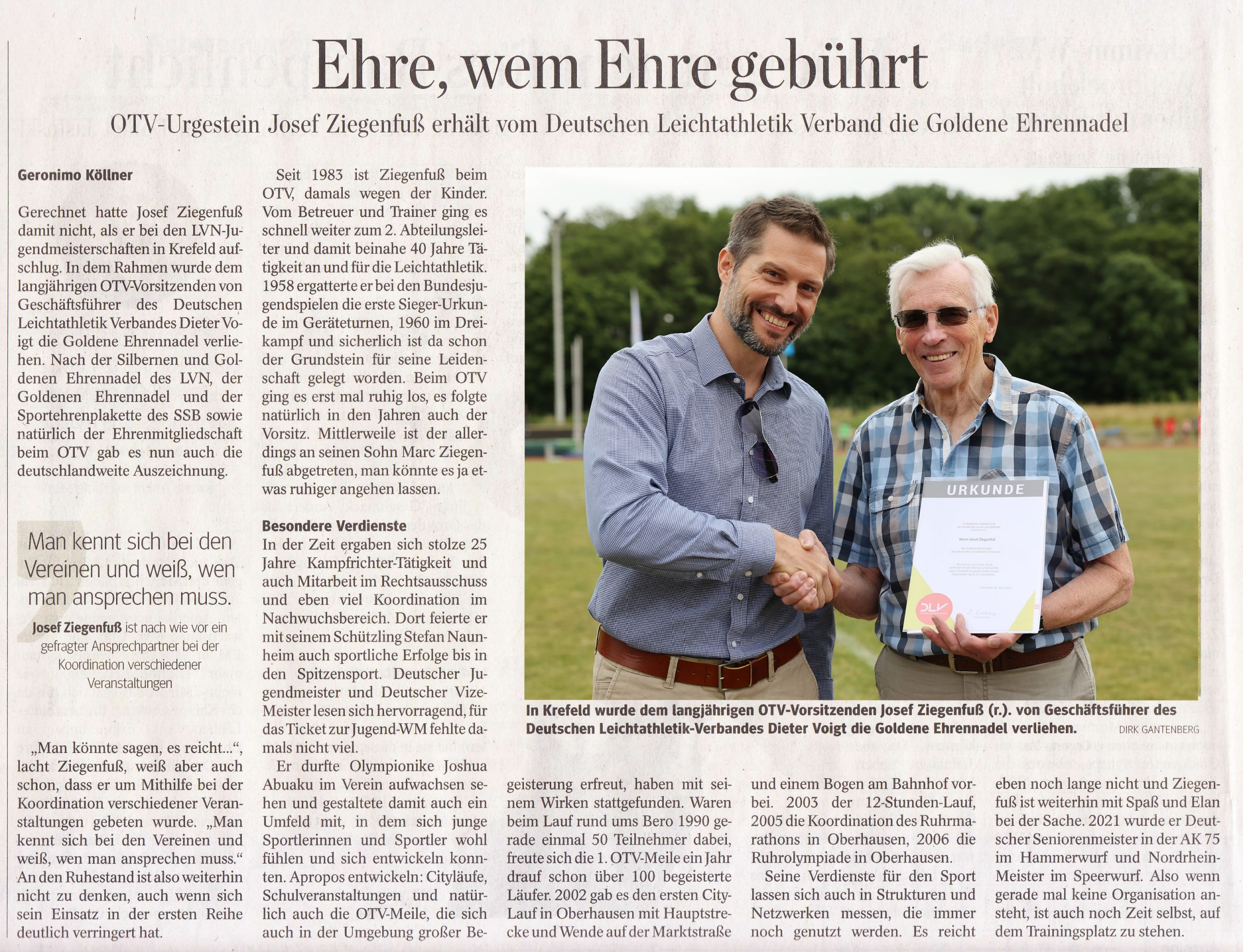 Zeitung DLV Ehrennadel Gold Josef Ziegenfuß
